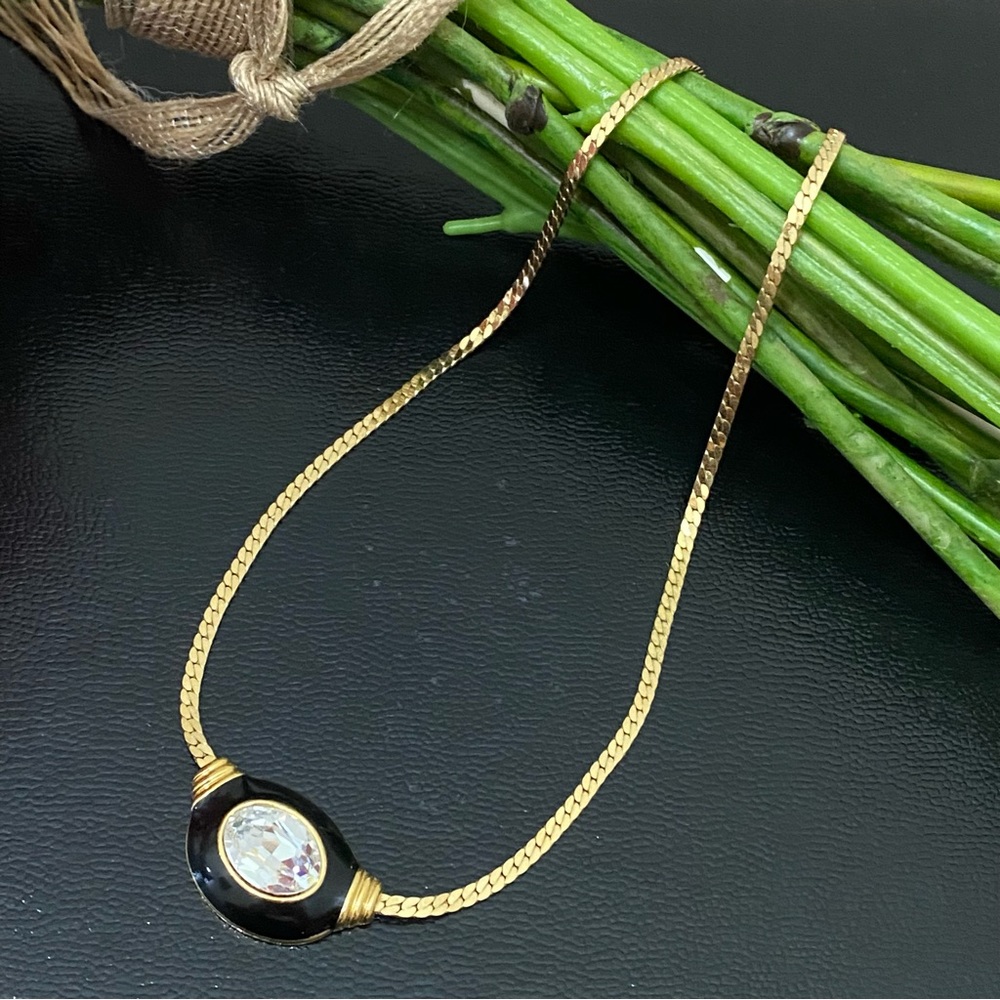 Vintage TRIFARI Black Enamel Rhinestone Crystal Pendant Snake Chain Necklace
